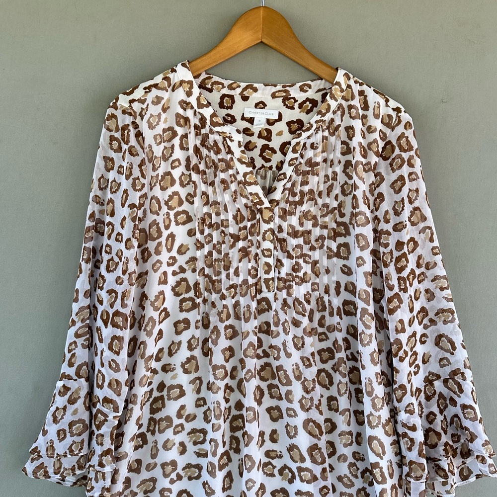 Charter Club Cream and Brown Leopard Print Peasant Blouse - Picture 2 of 9